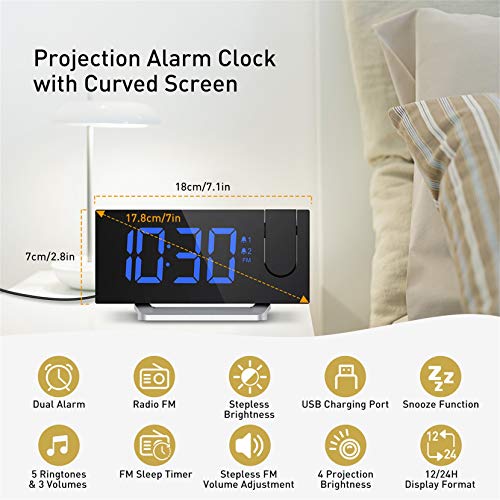 Mpow Projection Alarm Clock, Radio Digital Clock with USB Charger, 0-100% Full Range Brightness Dimmer, Dual Alarm Clock with 5 Sounds for Heavy Sleeper, Snooze - Thumbnail 2