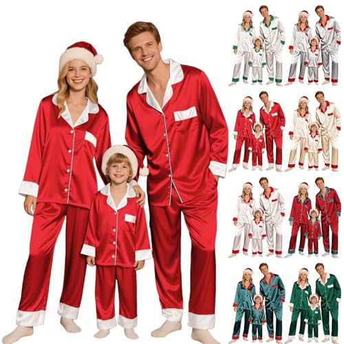 Family Christmas Pajamas Matching Sets Satin Long Sleeve Holiday Casual Lounge Soft Xmas Silk Pjs Two Piece Sets