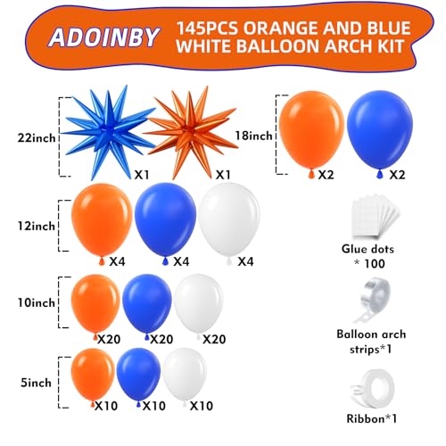 Image of Blue and Orange White Balloon Arch Kit, 145Pcs Royal Blue Orange WhiteBalloon Garland kit, Different Size Balloons for Girl Birthday Anniversary Baby Shower Graduation Prom Party Decorations
