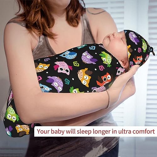 Image of Cartoon Owl Newborn Swaddle Blanket with Hat Sets Newborn Receiving Blanket for Boy Girl Swaddle Sack Shower Infant Gift