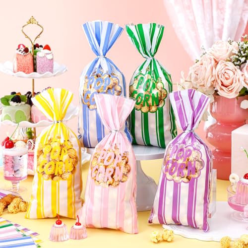Image of 200 Pcs Popcorn Bags Bulk Movie Night Pop Corn Plastic Bags for Popcorn Machine Pop Corn Snack Containers with Twist Ties for Carnival Graduation Party Supplies (Pretty,Pastel)
