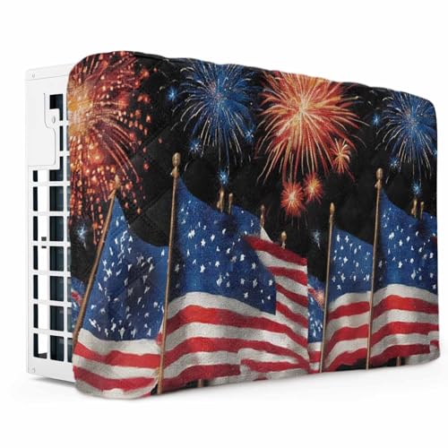 American Flag Indoor Air Conditioner Cover for Window Units, Fireworks Red Blue Thin Lines Independence Day Windproof Insulated AC Cover, Waterproof AC Wall Unit Covers with Straps 17''x13''x3.5''