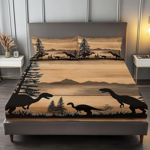 Fitted Sheet Twin Size Bedding Set for Kids Girls Women Men Room Decor, Soft Microfiber & Deep Pocket & Wrinkle Free Simple Dinosaur Silhouette Bedding Sheets, Brown
