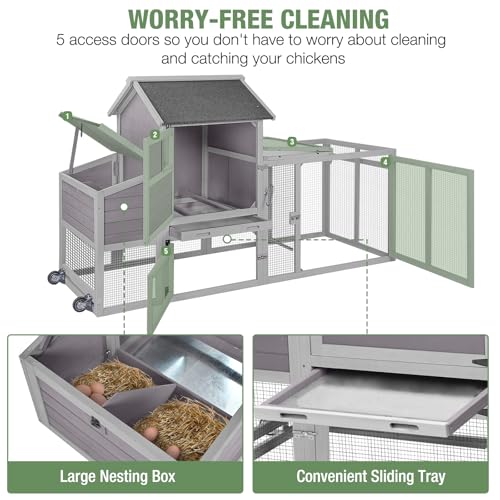 Image of Mobile Chicken Coop with Wheels for 4-6 Chickens, Large Wooden Hen House Duck Cage with Run, Nesting Box, Easy Clean Pull-Out Tray, Waterproof Asphalt Roof - Grey, 78 inch L x 27.6 inch W x 45 inch H