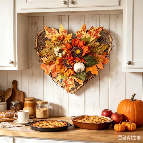 Wreaths for Front Door, 11 Inches Autumn Theme Rattan Weaving Love Framework Simulated Flower Material Fall Decorations,Convenient Suspension Rich Usage Scenarios Fall Decorations for Home Outdoor - image 6