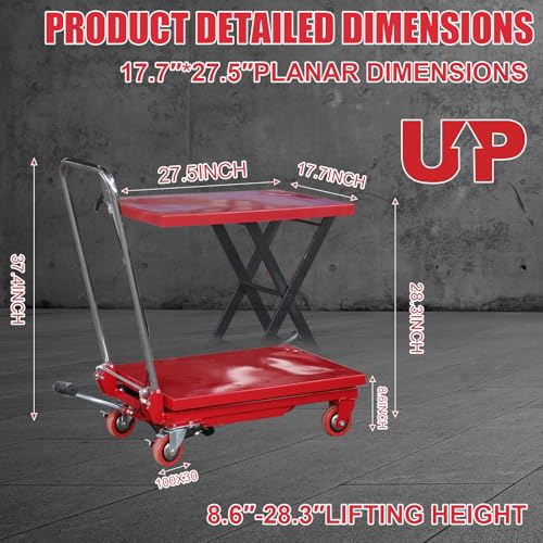 Carro de mesa de elevación hidráulica, capacidad de 330 libras, levanta 8.6 a 28.3 pulgadas, carrito de tijera para transporte y manejo con ruedas