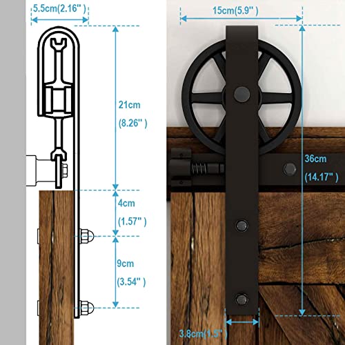 CCJH 6.6FT (201cm) Schiebetüren Beschläge Rustikal Schiebetürsystem Schiebetür inklusive Laufschiene, Big Wheel Barn Door Hardware Kit Nachrüsten Schwarz 6.6FT/2M(Upgrade)