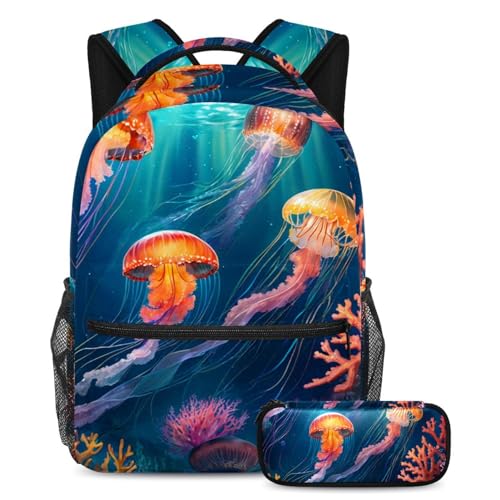 Sacs à dos et trousse pour garçons filles ensemble scolaire complet motif méduses