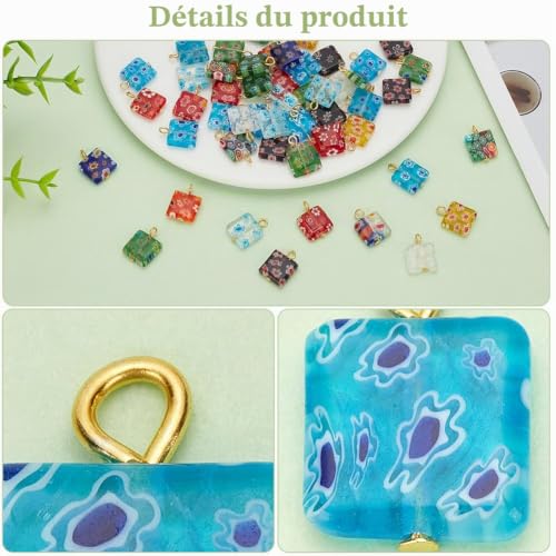 PH PandaHall 50PCS Pendentifs Lampwork, Breloques Carrés en Verre Millefiori Lampwork Pendentifs Colorés avec Boucle en Fer pour L'Été, Faites des Colliers, des Boucles D'oreilles et de L'artisanat – vue 5