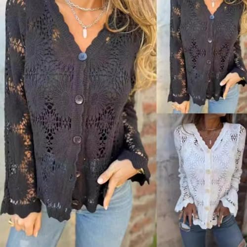 Cutout Embroidered V-Neck Button Long Sleeve Top, Womens Lace Tops and Blouses Long Sleeve Button V Neck Shir4