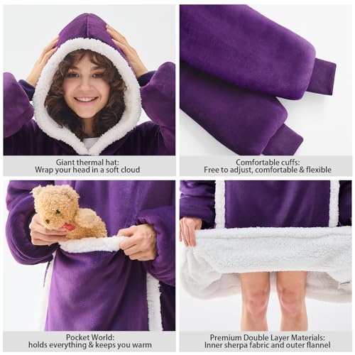 JOYWOO Purple Wearable Blanket Hoodie,Oversized Cat Lovers Sweatshirt Blanket for Adult & Teens,Birthday Gifts for Women Men Mom Girl Boys,Cozy Sherpa Blanket Giant Pocket Gifts,Dark Purple Small