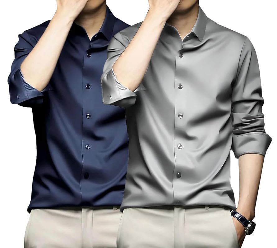 Image of DEELMO Combo of Men's Stylish Solid Satin Casual Shirt for Men Full Sleeves| Poly Satin Silk Shirt Pack of 2