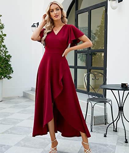 Image of Long Black Formal Dresses for Women Gowns Evening Party Cocktail Dress,Split Elegant V Neck Wrap Ruffle Wedding Guest Dresses