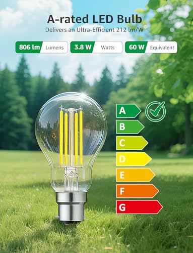Lepro B22 Bayonet Light Bulb, A-Rated Ultra-efficient LED Bulb, 3.8W = 60W, 806lm, 2700K Warm White, 50000H Lifespan, Clear Filament, Vintage Glass, Non-dimmable, Pack of 2 - Image 3