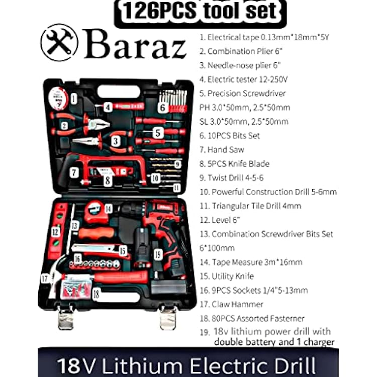 Baraz Tool Kit set With Drill (2 Battery), 126 Pcs Power Tool Set for home, 18v Cordless Drill And Tool box For Household, Homeowners, Office, Garden, House Repair And Maintenance, perfect Gift Idea