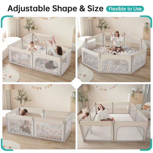 Image of Doradotey 8-Panel Foldable Baby Playpen for Toddlers 1-3, Adjustable Shape Large 59 inchx59 inch Indoor Playard, No Tools Assembly, 360 Breathable Mesh, Separate Washable Panels Safety Fence,Beige