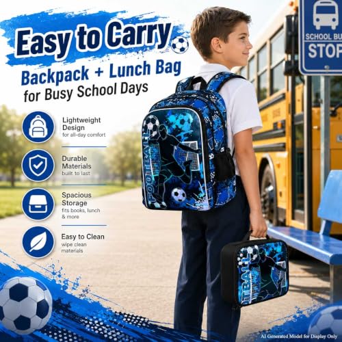 Image of AGSDON 3PCS Kids Backpack for Boys, 17 inch Football Backpacks with Lunch Box, Water Resistant and Lightweight Bookbag for Teenagers