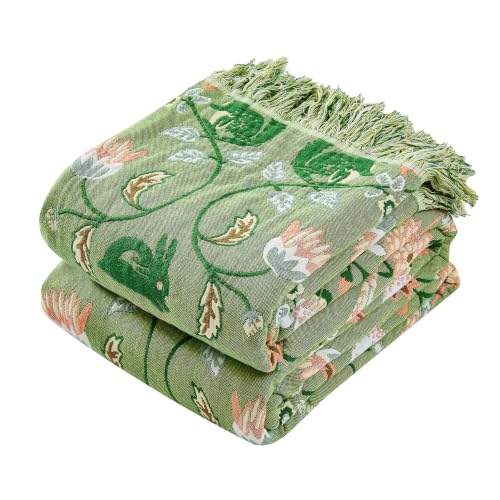 Image of VANJOROY King Boho Throw Blanket, 100% Organic Cotton Breathable Skin-Friendly Ultra Soft 91 inch x 98 inch Bed Quilt Green Throw - Floral Rustic Decor Luxury Reversible Blanket for Sofa Couch Chair and Gift