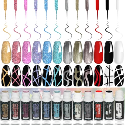 MEETNAIL Nail Art Gel Liner Polish 12 Colors Reflective Glitter Gel Nail Polish Gold Silver Pink Blue Purple Brown Black Kit Soak Off Uv Nail Art Design Set Summer Manicure Gifts for Women