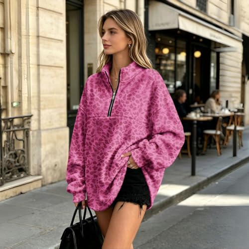Jielayou Quarter Zip Pullover Women Leopard Flannel Comfortable Sweat Shirt - image 3