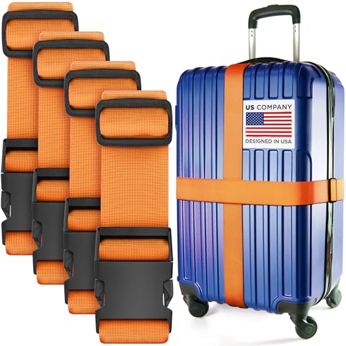 Luggage Straps for Suitcases - TSA Approved - Orange, 4 PK - Premium Nylon Belts for Suitcase, Briefcase & Travel Bag - Adjustable Strap Length 46" - 78"