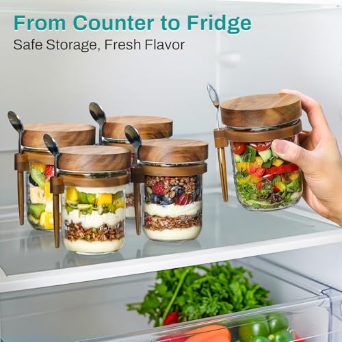 Image of LANDNEOO 4 Pack Overnight Oats Containers with Wooden Lids and Spoons, 16oz Glass Mason Overnight Oats Jars with Lids, Large Capacity Airtight Jars for Milk, Cereal, Fruit