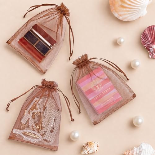 Image of ANZNKU 50 Pack Brown Organza Bags 5x7 In, Small Mesh Gift Bags Bulk with Drawstring for Jewelry Candy Sachet Soap, Goodie Pouches for Wedding Baby Bridal Shower & Birthday Party Favors