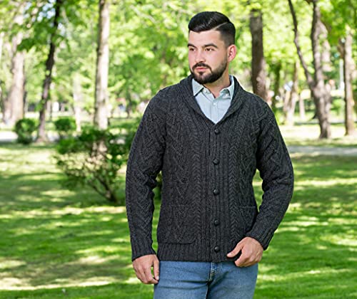 Saol 100% Merino Wool Men's Aran Cable Knit Shawl Collar Casual Irish Cardigan With Buttons And Pockets (Charcoal, Medium) #TOP5