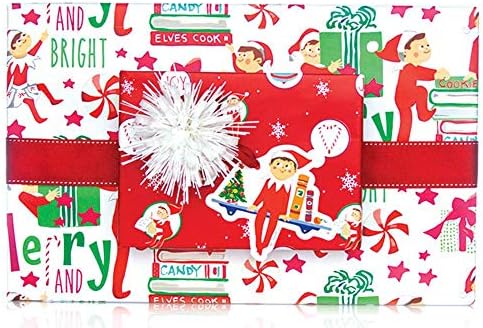 Reversible Elf Elves Ornaments Christmas Gift Wrapping Paper Roll - 15 Feet