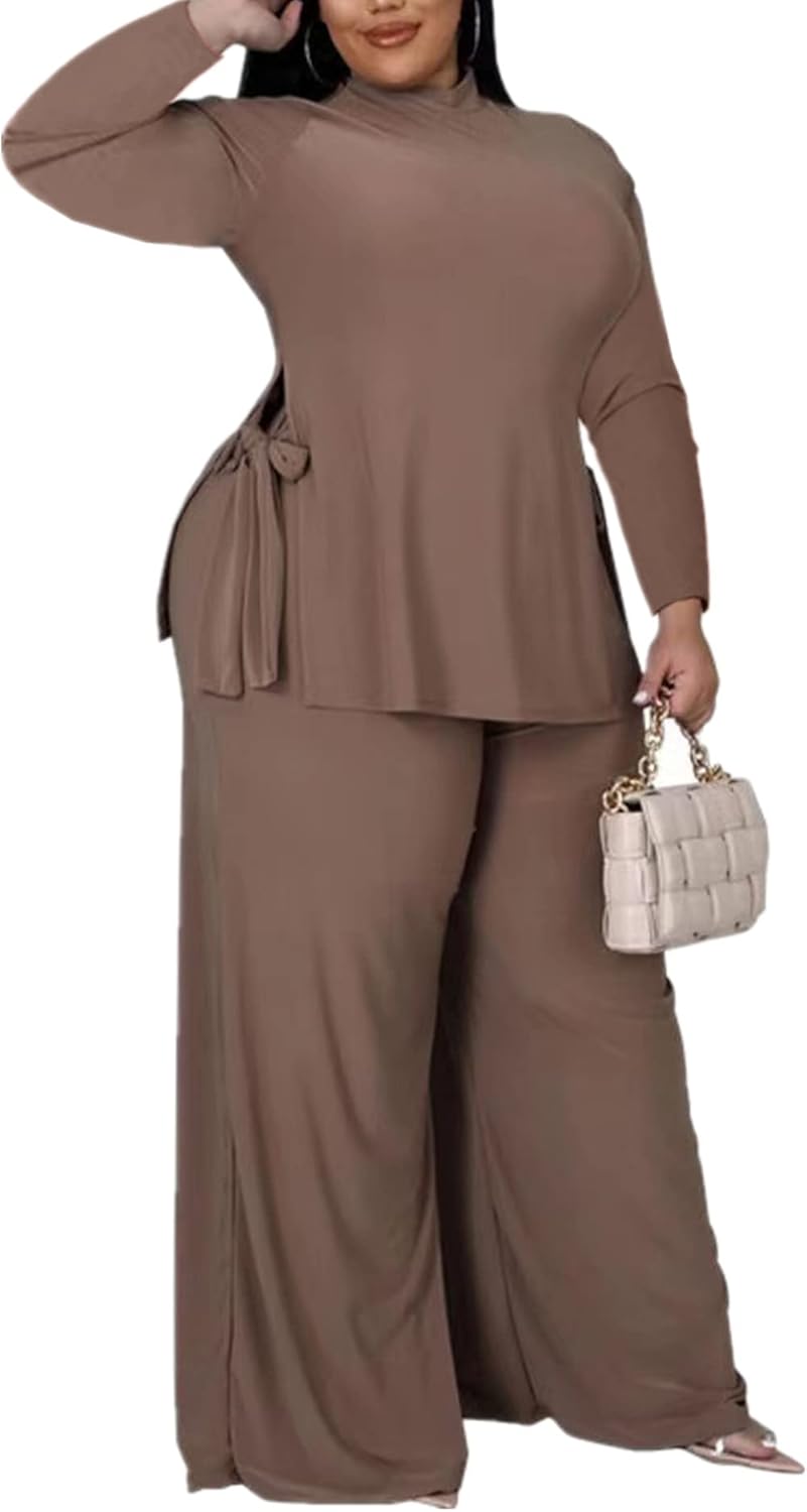 Plus Size 2 Piece Outfits for Women Pants Sets Sexy Elegant Long Sleeve Split Shirt Bodycon Casual tracksuits