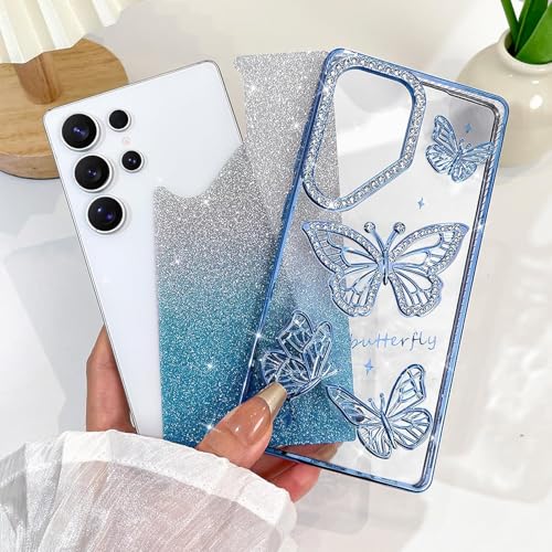 Image of Elzzi Electroplated Butterfly Phone Cover for Samsung S25 Ultra Case, Showcasing Pearlescent Diamond Soft TPU, Camera Protection, Shockproof, Dropresistant Stylish for Girls & Women (Blue)