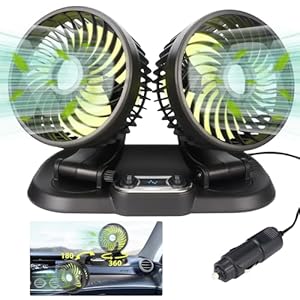 Car Fan 12V Auto Car Cooling Fan Dual-Head 360 Degree Rotation Portable Electric Vehicle Fan 2 Speed Adjustable Car Cooling Fan Plugs into Cigarette Lighter, Powerful Silent Fans for Car Truck SUV RV
