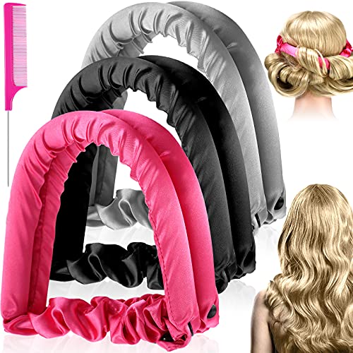 Juinte 4 Pieces Heatless Curl Ribbon No Heat Styles Hair Curlers Styling Kit with Carbon Fiber Tail Comb for Women Girls Long Hair Styling Tools (Solid Color)