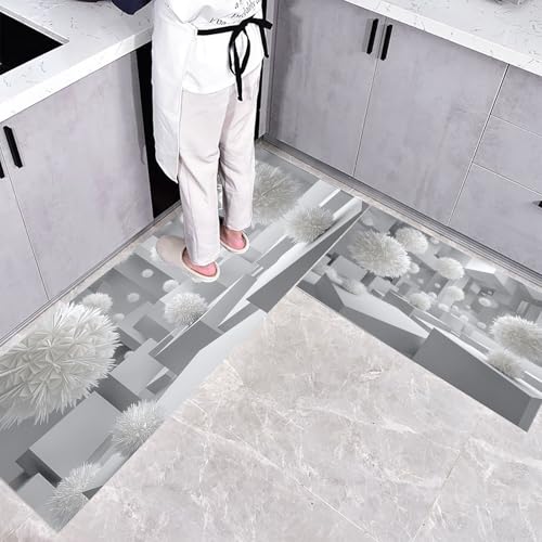 Kitchen Rug Sets 3 Piece Kitchens Mats Non Slip Washable Runners Floor Mat grayish white 3D Art cube sphere for Kitchen Laundry Room Hallway 40x60+40x120cm