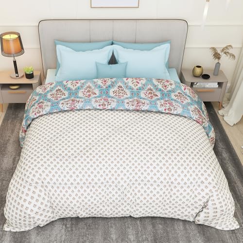 Image of Comforter Double Bed Blanket for Winter Double Size | Microfiber Blanket | Dohar | 220x250 cm | Cream & Blue Blanket Floral Design | Cozy Bedding Blankets for Winter -All Seasons