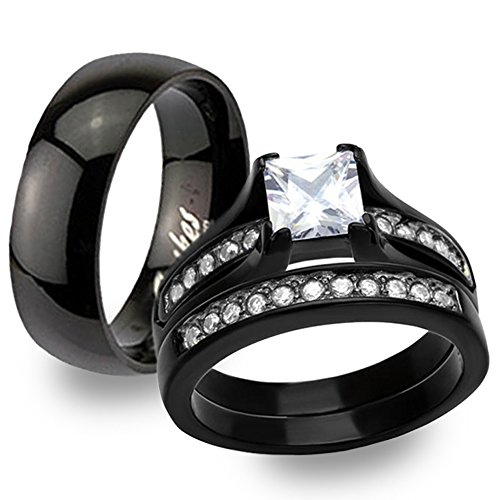 Marimor Jewelry Stainless Steel Black Ion Plated His and Hers 3 Piece Wedding Engagement Ring Band Set
