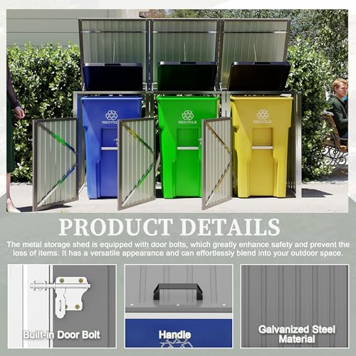 Image of KEIKI 3-Bin Outdoor Trash Can Storage Shed, 83 Cu.Ft Metal Garbage Bin Enclosure with Lift-Up Lid & Lockable Double Doors, Weather-Resistant Heavy-Duty Patio Garden Shed, Light Gray