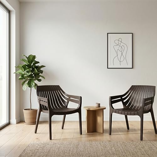 Image of OAKNEST Supreme Spectrum Plastic Arm Chair - Modern Slatted Stackable Chair for Living Room, Dining, Garden, Balcony, Restaurant & Cafe | Weatherproof Indoor Outdoor Designer Chair, Set of 2, Wenge