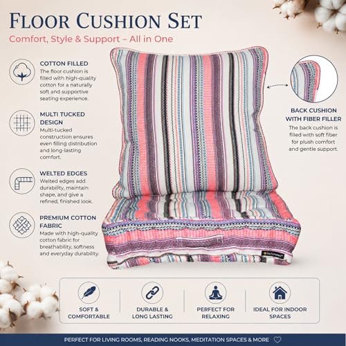 Image of Woven Quilted Floor Cushion Set 40x40x8 CM Multi Color Stripe with Fillers & Back Cushion, Large Size for Seating, Patio Seat, Meditation, Yoga, Pooja, Guests, Living 16x16x4 Inch
