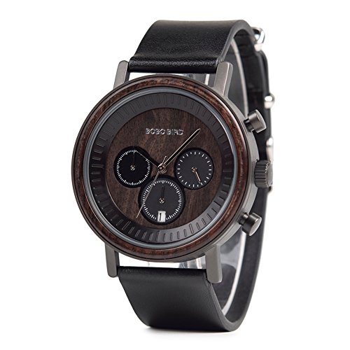 Bobobird Mens Simple Luxury Sport Wooden Watches Stainless Steel Wood Date & Chronograph Watch（Black） #TOP10