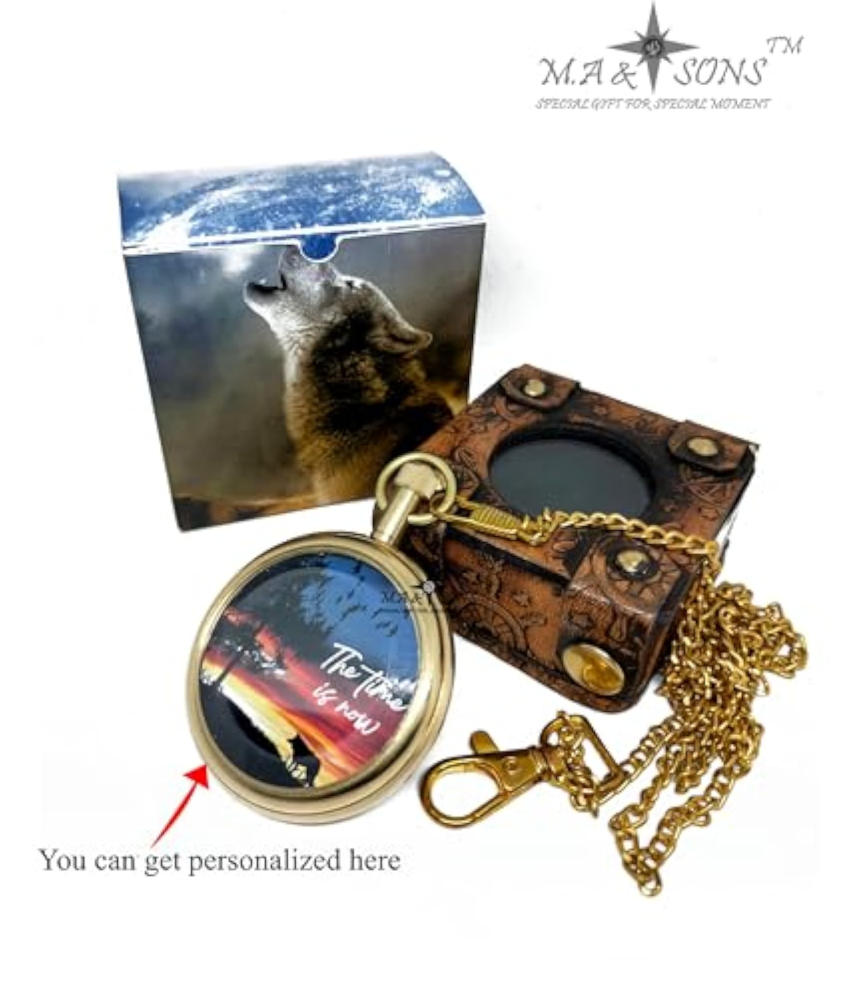 Brass Personalized Wolf Pocket Watch with Leather Case