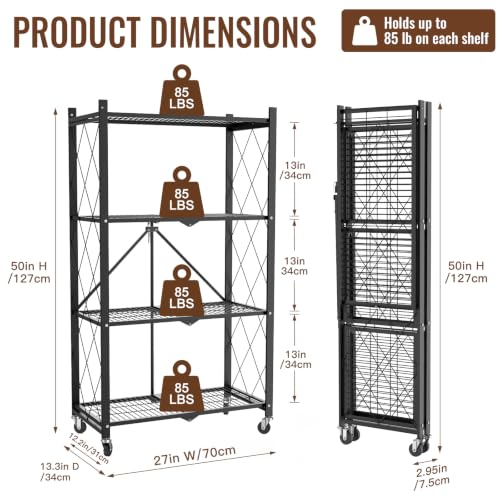 Image of black leopard 4-Tier Foldable Metal Storage Shelf with Wheels, Black