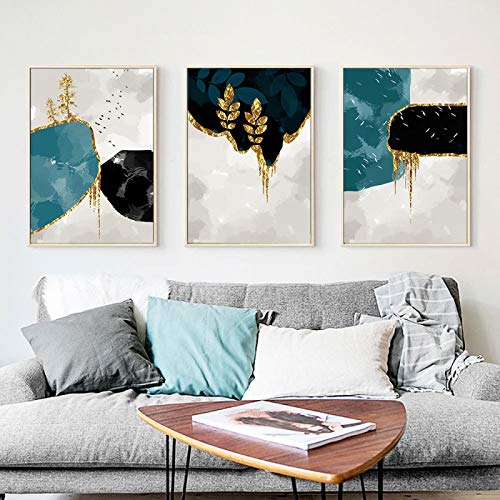 Affiche abstraite feuilles d'or grand format triptyque bleu salon