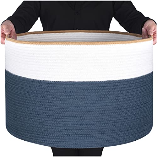Image of MINTWOOD Design Extra Large 22 x 14 Inches Decorative Woven Cotton Rope Blanket Storage Basket Bin Living Room and Laundry Hamper for Pillows, Pool Towels, Dog Toys, Shoes, Prussian Blue