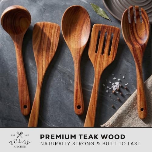 Image of Zulay Kitchen Extra-Large 5-Piece Wooden Spoon Set - Smooth Teak Cooking Utensils - Comfort-Grip Non-Stick Turner, Spatula, Skimmer, Fork, Serving Spoon