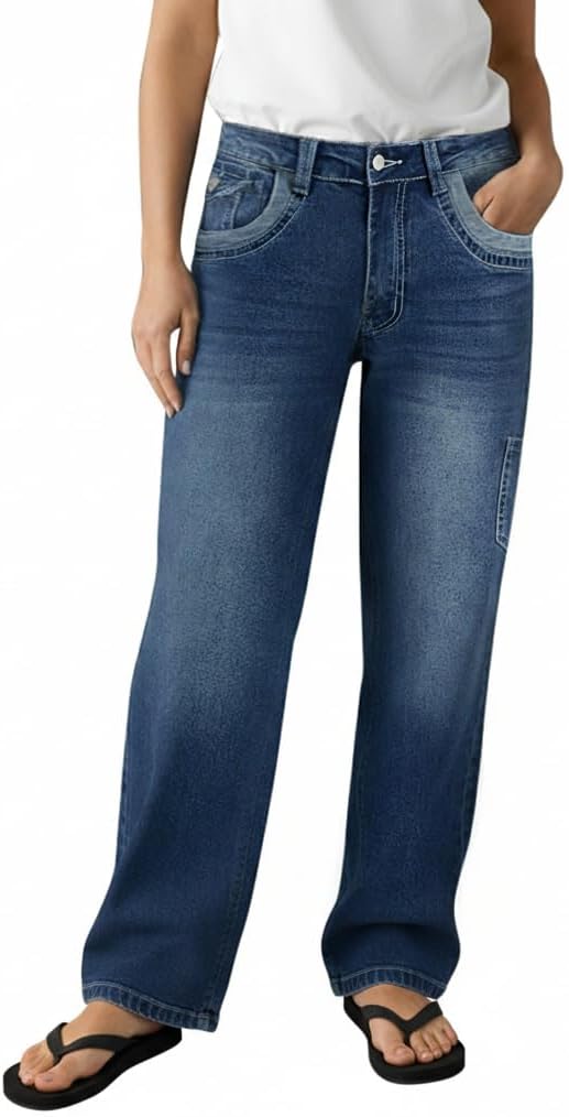 Wide Leg Jeans for Women Mid Waist Straight Jeans Multiple Pockets Denim Pants