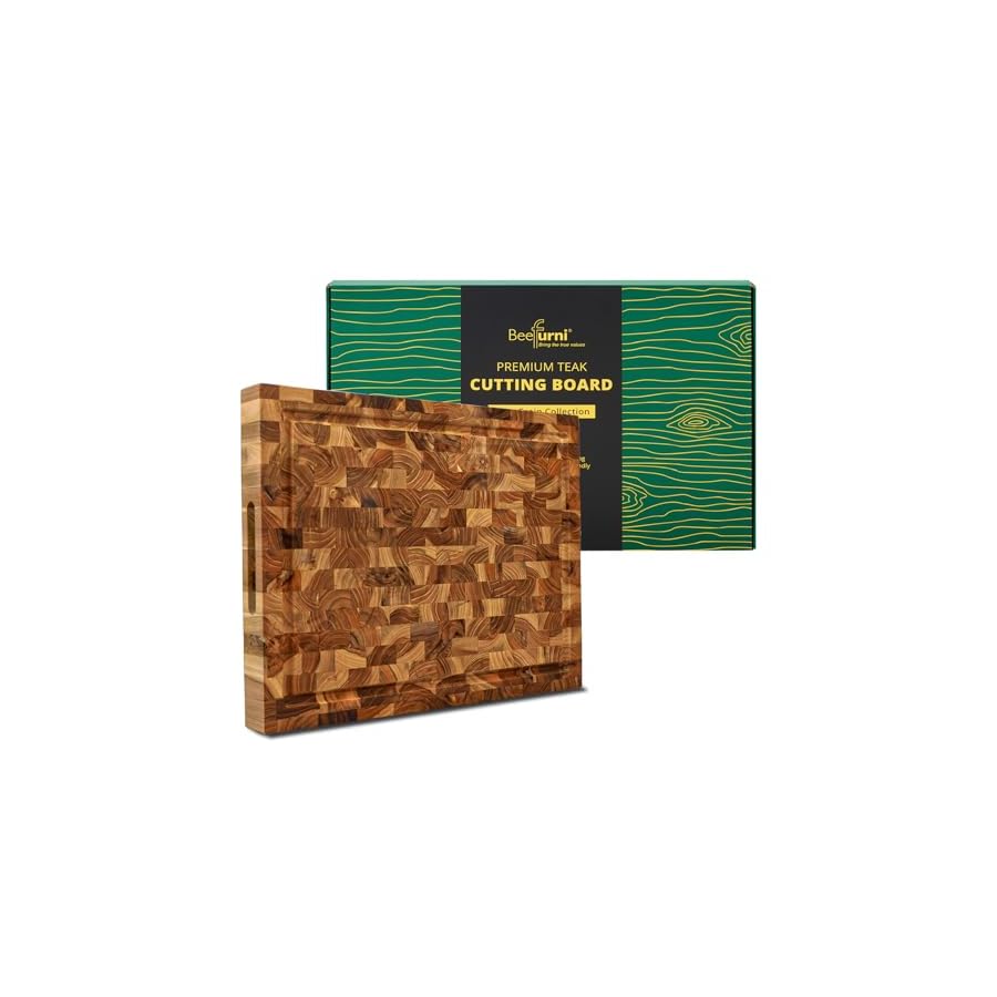 BEEFURNI-Teak-Wood-End-Grain-Cutting-Board-Wooden-Cutting-Boards-for-Kitchen-with-Juice-Groove-Hand-Grip-Small-Gifts-for-Her-1-Year-Manufacturer-Warranty-S16-L-x-12-W-x-15-T-inches BEEFURNI Teak Wood End Grain Cutting Board (S, 16x12x1.5"), Wooden Cutting Boards for Kitchen with Juice Groove Hand Grip Small, Christmas Gifts, 1-Year Manufacturer Warranty