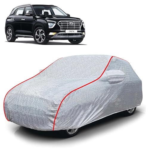 Image of Sulfar 100% Waterproof Car Body Cover Compatible with Mirror for Hyundai Creta (Triple Stitched, Full Bottom Elastic, Magic Silver with Red Piping)
