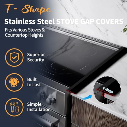 Image of T-Shape Stove Gap Covers Stainless Steel, 2 Pack Stove Gap Filler Easy Retractable Length 13.8 inch to 27.5 inch, Width 1.85 inch - ALMCALS Oven Gap Filler Stove Guards Range Trim Kit