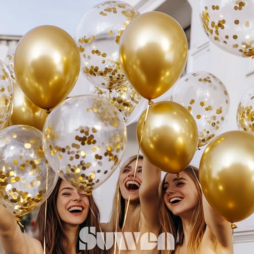 Image of SUWEN Metallic Gold and Confetti Balloons Set 47PCS Latex Helium Chrome | Gold Balloon for Birthday Graduation Anniversary Party Decorations